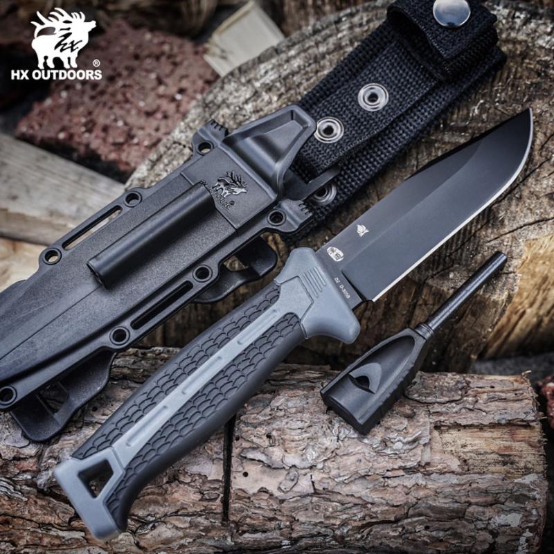 HX Outdoors Hound Grey Bushcraft Knife - 4.33" D2 Steel Blade with Firesteel and Sheath