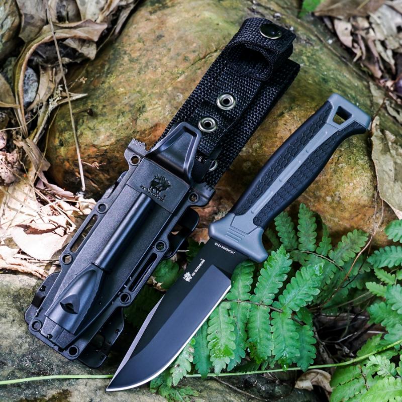 HX Outdoors Hound Grey Bushcraft Knife - 4.33" D2 Steel Blade with Firesteel and Sheath