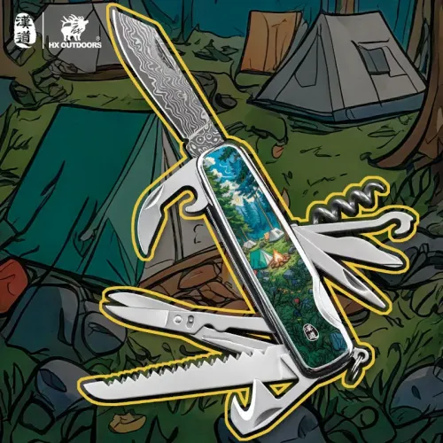 HX Outdoors Damask Camphor Multi-Tool - Damascus VG10 Blade Campsite Design