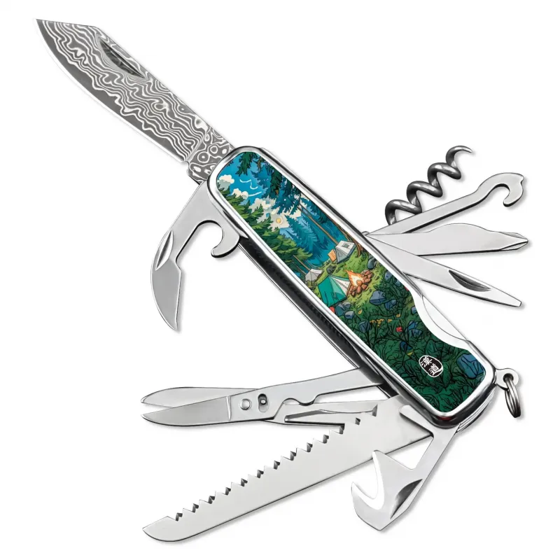 HX Outdoors Damask Camphor Multi-Tool - Damascus VG10 Blade Campsite Design