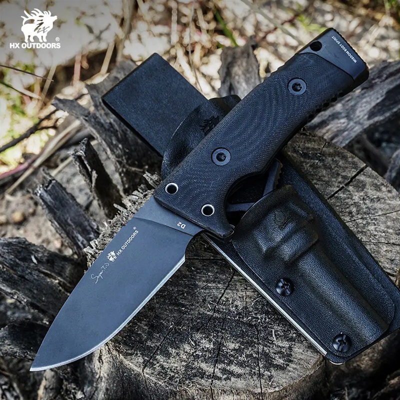 HX Outdoors Rock Classic Bushcraft Knife - 3.15" D2 Steel Blade Firesteel Sheath Black G10 Handle