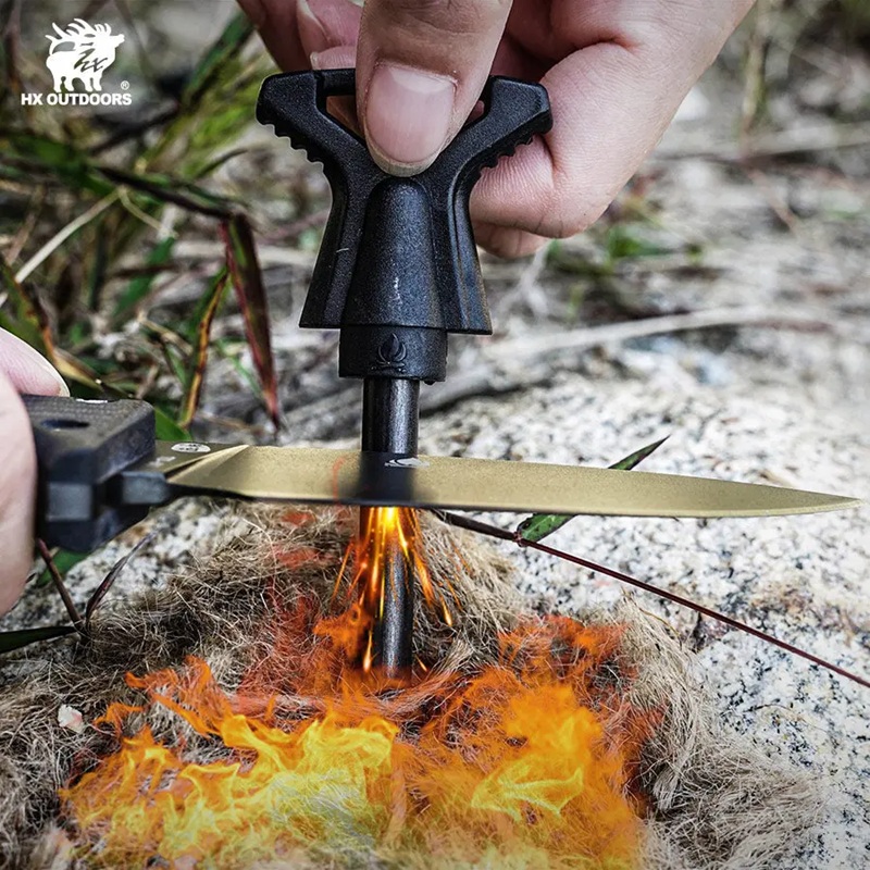 HX Outdoors Rock Classic Bushcraft Knife - 3.15" D2 Steel Blade Firesteel Sheath Black G10 Handle