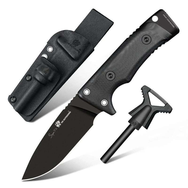 HX Outdoors Rock Classic Bushcraft Knife - 3.15" D2 Steel Blade Firesteel Sheath Black G10 Handle