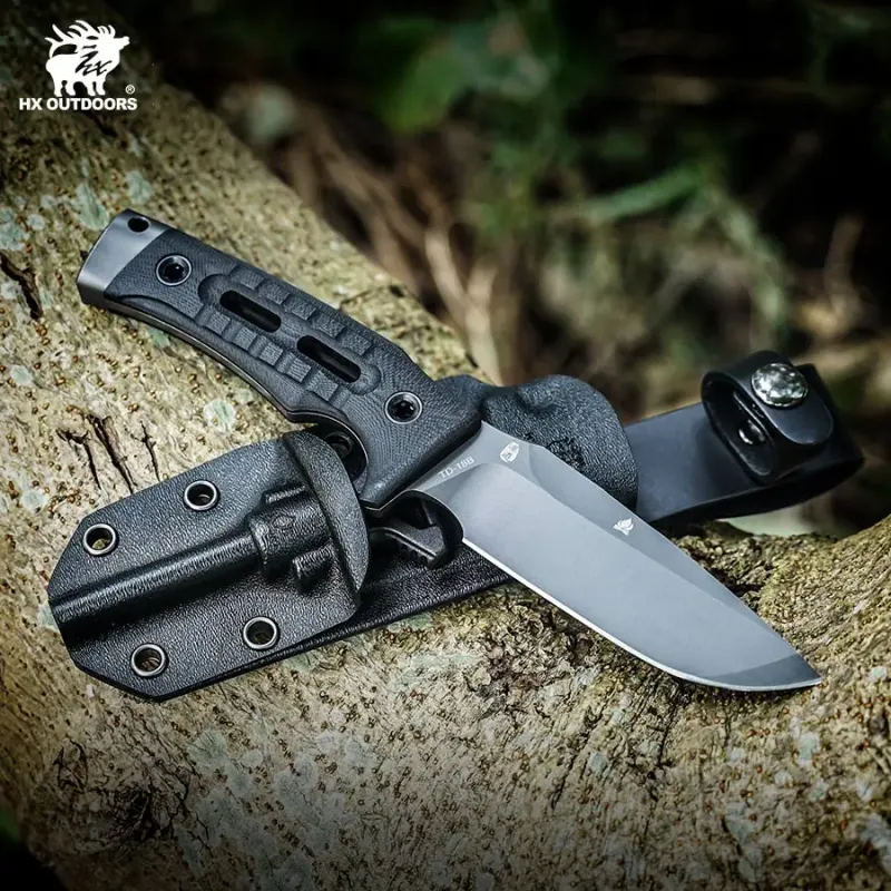 HX Outdoors Rock Apex Bushcraft Knife - 3.8" DC53 Blade Black G10 Handle Firesteel