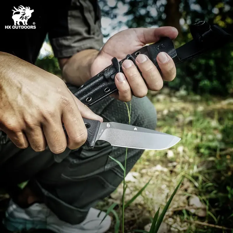 HX Outdoors Rock Apex Bushcraft Knife - 3.8" DC53 Blade Black G10 Handle Firesteel