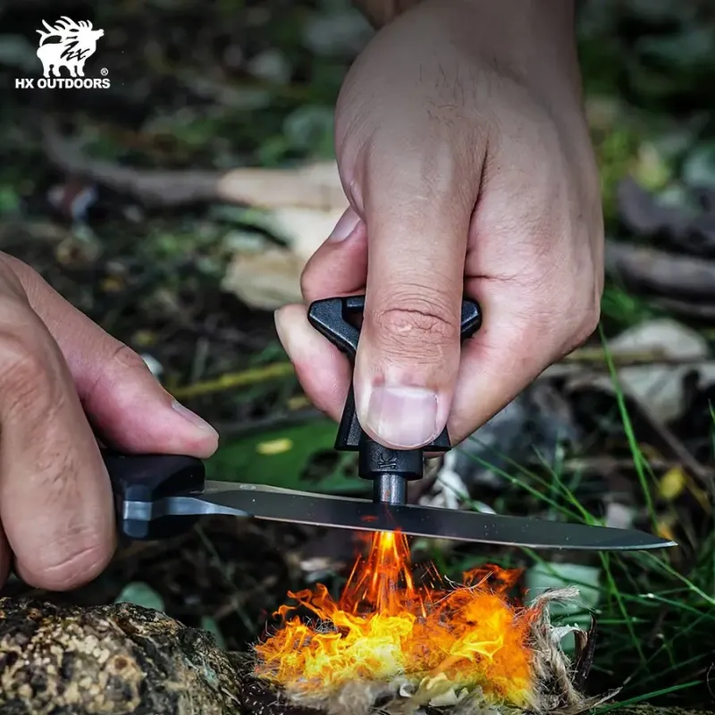 HX Outdoors Rock Apex Bushcraft Knife - 3.8" DC53 Blade Black G10 Handle Firesteel