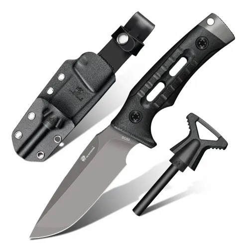 HX Outdoors Rock Apex Bushcraft Knife - 3.8" DC53 Blade Black G10 Handle Firesteel