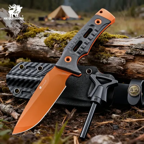 HX Outdoors Rock Apex Bushcraft Knife - 3.8" Orange DC53 Blade Black G10 Handle Firesteel