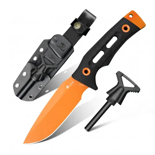 HX Outdoors Rock Apex Bushcraft Knife - 3.8" Orange DC53 Blade Black G10 Handle Firesteel