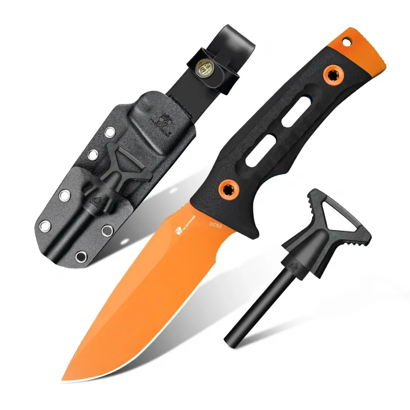 HX Outdoors Rock Apex Bushcraft Knife - 3.8" Orange DC53 Blade Black G10 Handle Firesteel