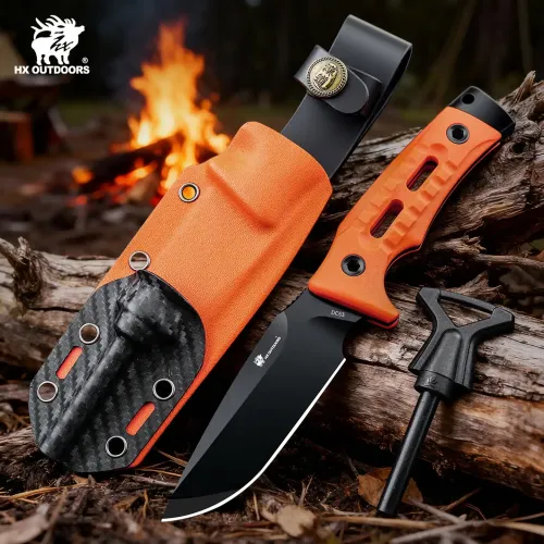 HX Outdoors Rock Apex Bushcraft Knife - 3.8" DC53 Blade Orange G10 Handle Firesteel