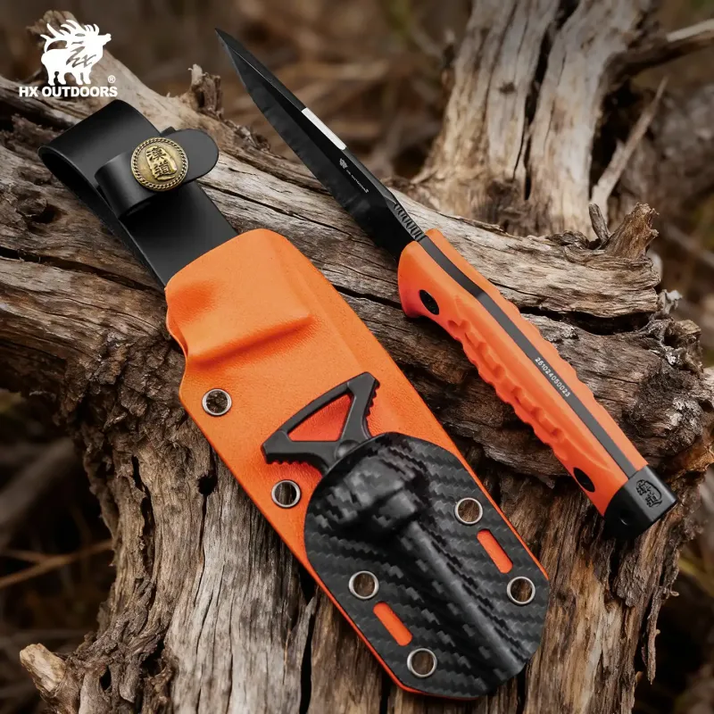 HX Outdoors Rock Apex Bushcraft Knife - 3.8" DC53 Blade Orange G10 Handle Firesteel