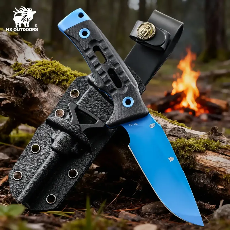 HX Outdoors Rock Apex Bushcraft Knife - 3.8" Blue DC53 Blade Black G10 Handle Firesteel