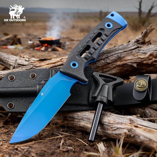 HX Outdoors Rock Apex Bushcraft Knife - 3.8" Blue DC53 Blade Black G10 Handle Firesteel