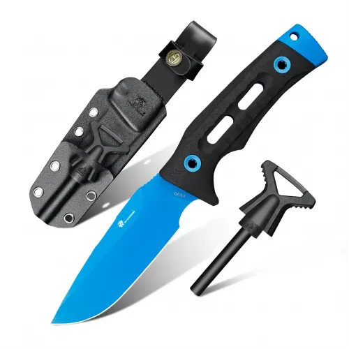 HX Outdoors Rock Apex Bushcraft Knife - 3.8" Blue DC53 Blade Black G10 Handle Firesteel