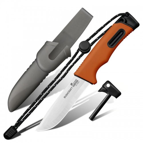 HX Outdoors Survival Master 4 Orange Bushcraft Knife - 3.74" 5Cr15 Steel Blade Firesteel Sheath Orange Handle