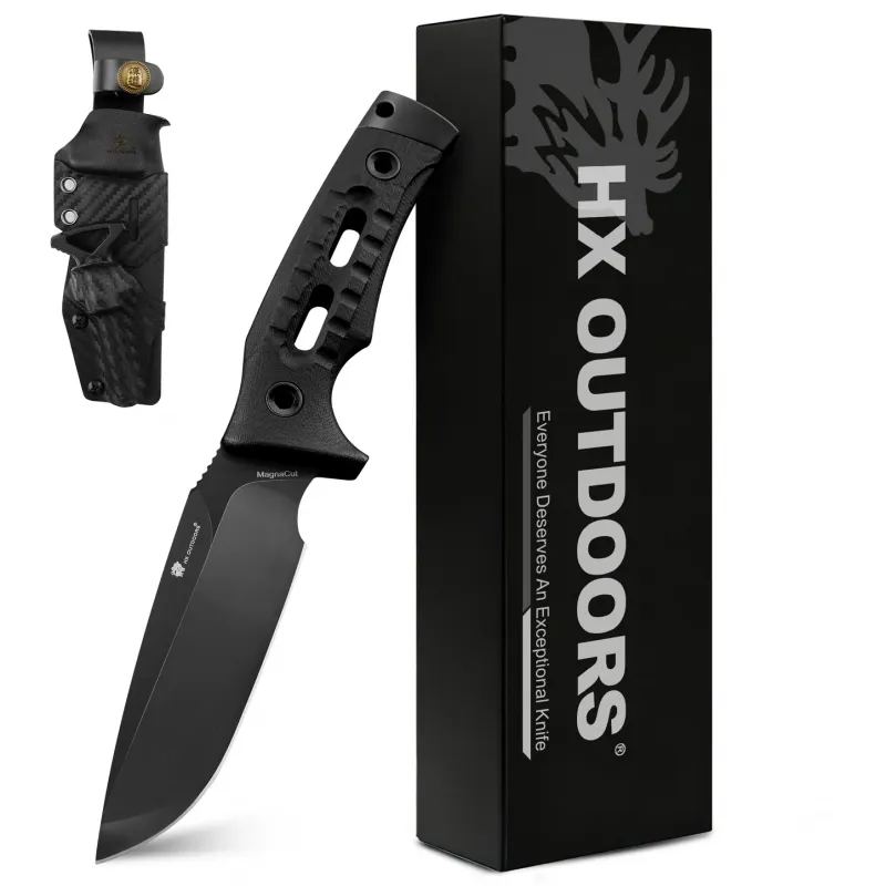 HX Outdoors Rock Apex Bushcraft Knife - 3.8" DLC Coated Magnacut Blade Black G10 Handle Kydex Sheath with Firesteel Cyclaire Knives and Tools