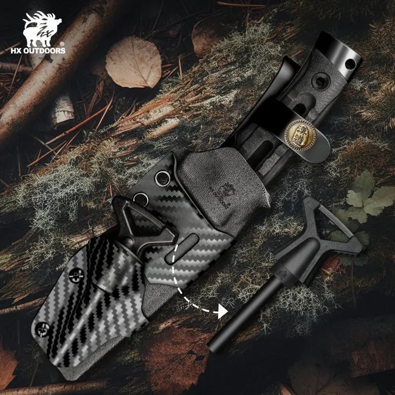 HX Outdoors Rock Apex Bushcraft Knife - 3.8" DLC Coated Magnacut Blade Black G10 Handle Kydex Sheath with Firesteel Cyclaire Knives and Tools