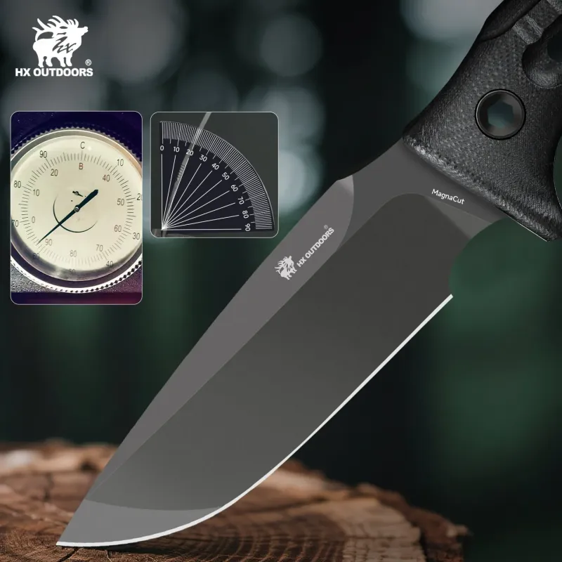 HX Outdoors Rock Apex Bushcraft Knife - 3.8" DLC Coated Magnacut Blade Black G10 Handle Kydex Sheath with Firesteel Cyclaire Knives and Tools