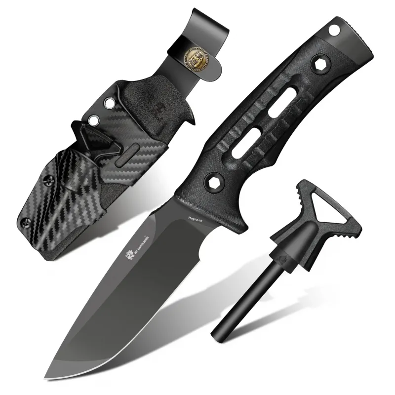 HX Outdoors Rock Apex Bushcraft Knife - 3.8" DLC Coated Magnacut Blade Black G10 Handle Kydex Sheath with Firesteel Cyclaire Knives and Tools