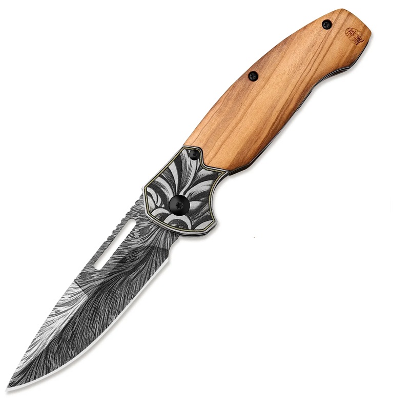 HX Outdoors Griffin Feather Slipjoint Pocket Knife - 3.14" 5Cr15 Steel Blade Olivewood Handel