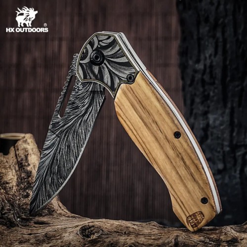 HX Outdoors Griffin Feather Slipjoint Pocket Knife - 3.14" 5Cr15 Steel Blade Olivewood Handel