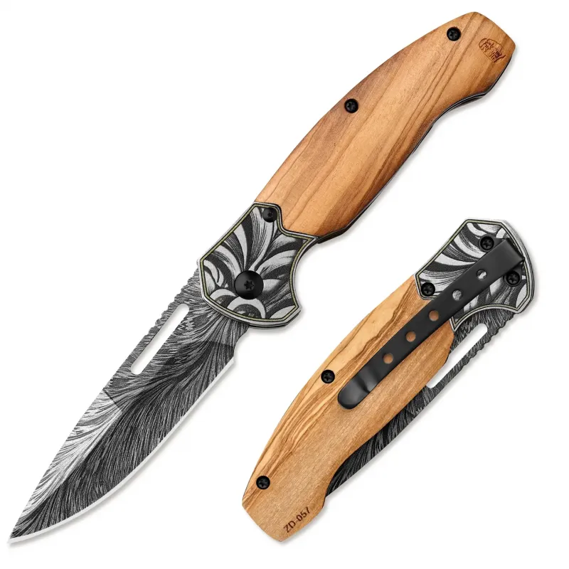 HX Outdoors Griffin Feather Slipjoint Pocket Knife - 3.14" 5Cr15 Steel Blade Olivewood Handel