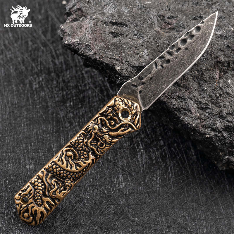 HX Outdoors Dragon Echo UK EDC Pocket Knife - 2.5" Damascus Blade Copper Cast Handle
