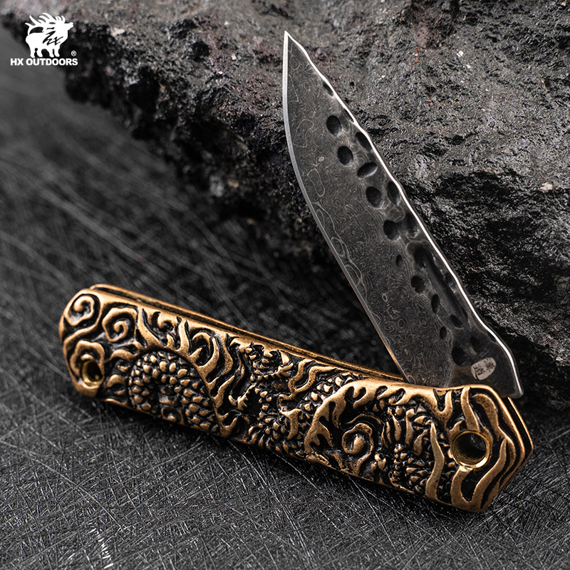HX Outdoors Dragon Echo UK EDC Pocket Knife - 2.5" Damascus Blade Copper Cast Handle