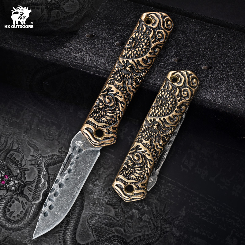 HX Outdoors Dragon Echo UK EDC Pocket Knife - 2.5" Damascus Blade Copper Cast Handle