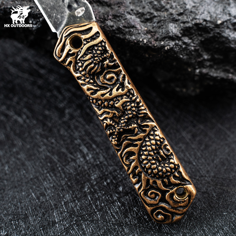 HX Outdoors Dragon Echo UK EDC Pocket Knife - 2.5" Damascus Blade Copper Cast Handle