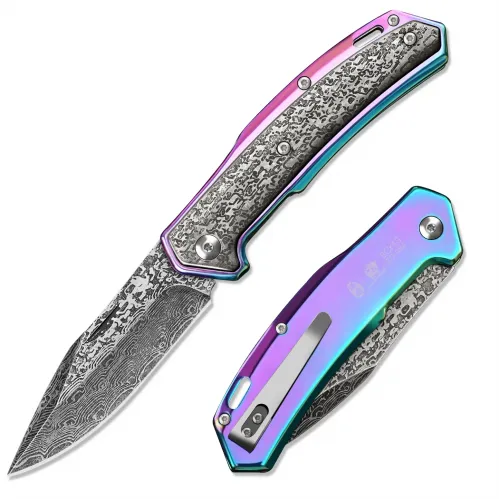 HX Outdoors Chameleon Slipjoint Pocket Knife - 3.46" Damascus Blade Aluminium Handle