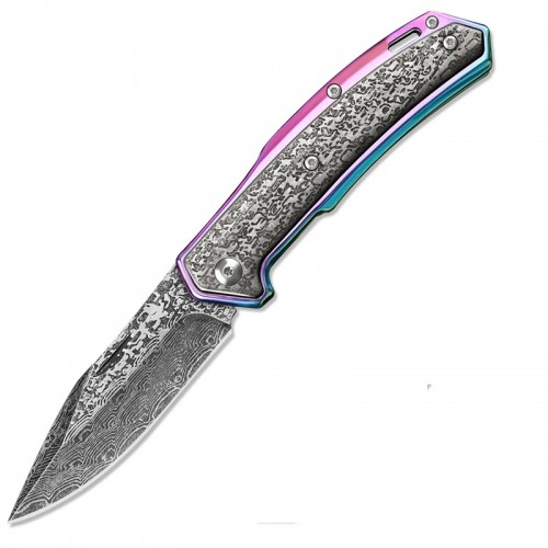 HX Outdoors Chameleon Slipjoint Pocket Knife - 3.46" Damascus Blade Aluminium Handle