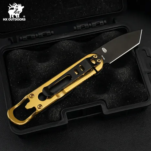 HX Outdoors UK EDC Pocket Knife with 2" Black Blade Bottle Opener Black and Gold