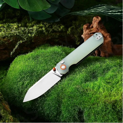 HX Outdoors Hyla Button Lock Pocket Knife - 2.91" 14C28N Blade Natural Green Handle