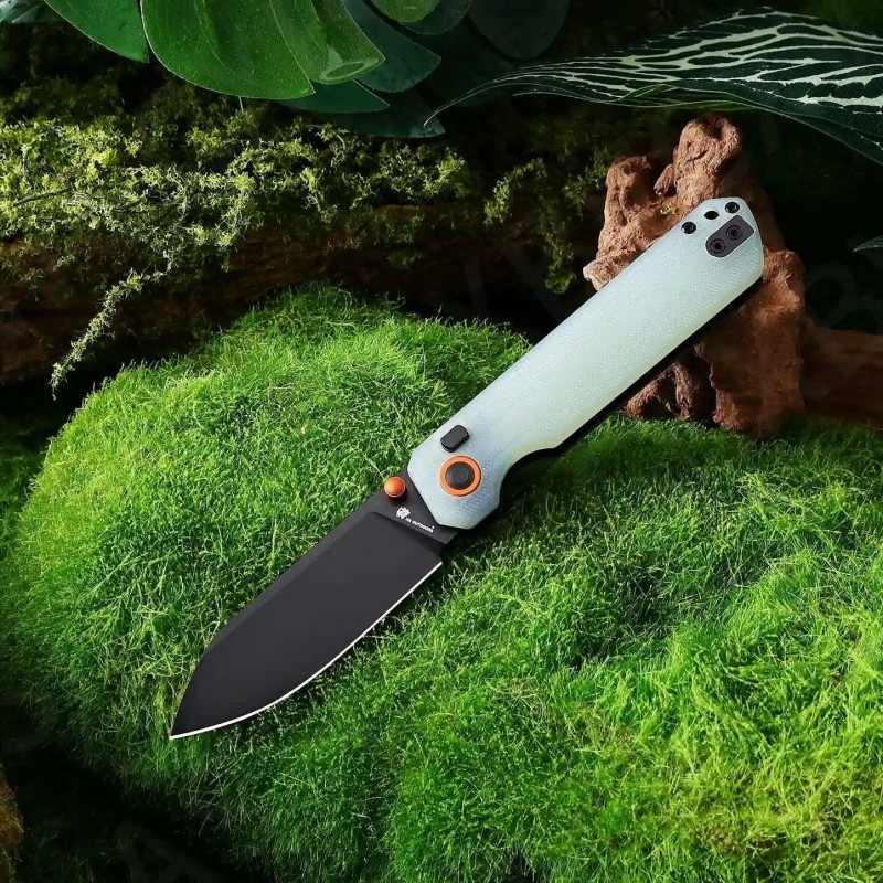 HX Outdoors Hyla Button Lock Pocket Knife - 2.91" 14C28N Black Blade Natural Green Handle