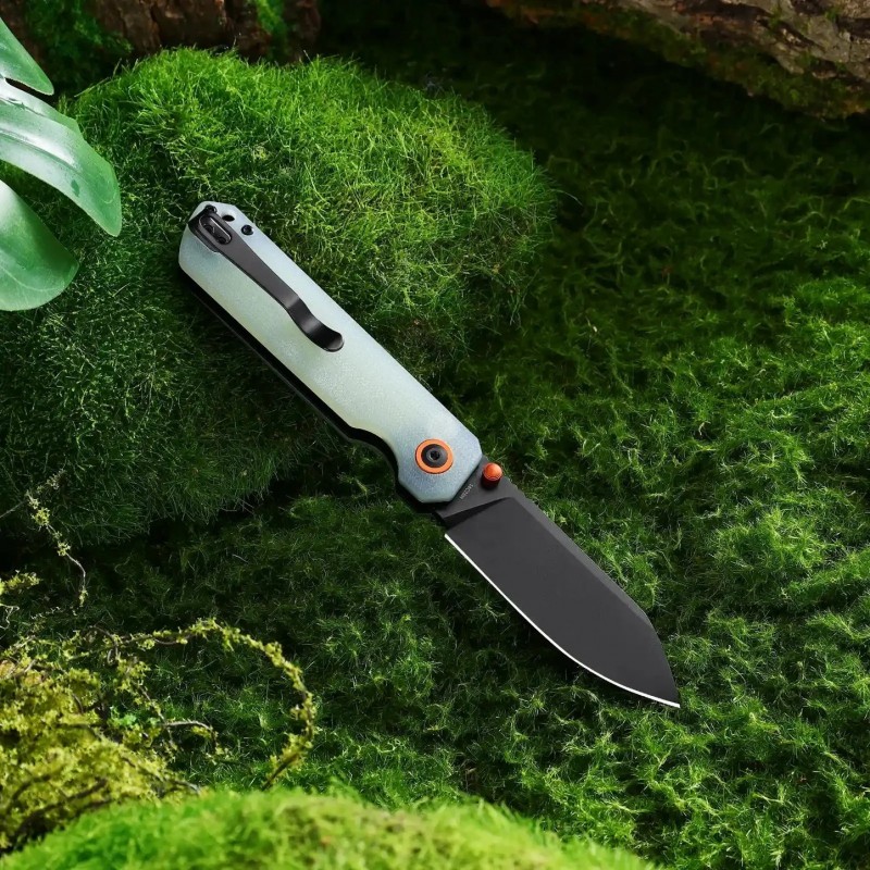 HX Outdoors Hyla Button Lock Pocket Knife - 2.91" 14C28N Black Blade Natural Green Handle