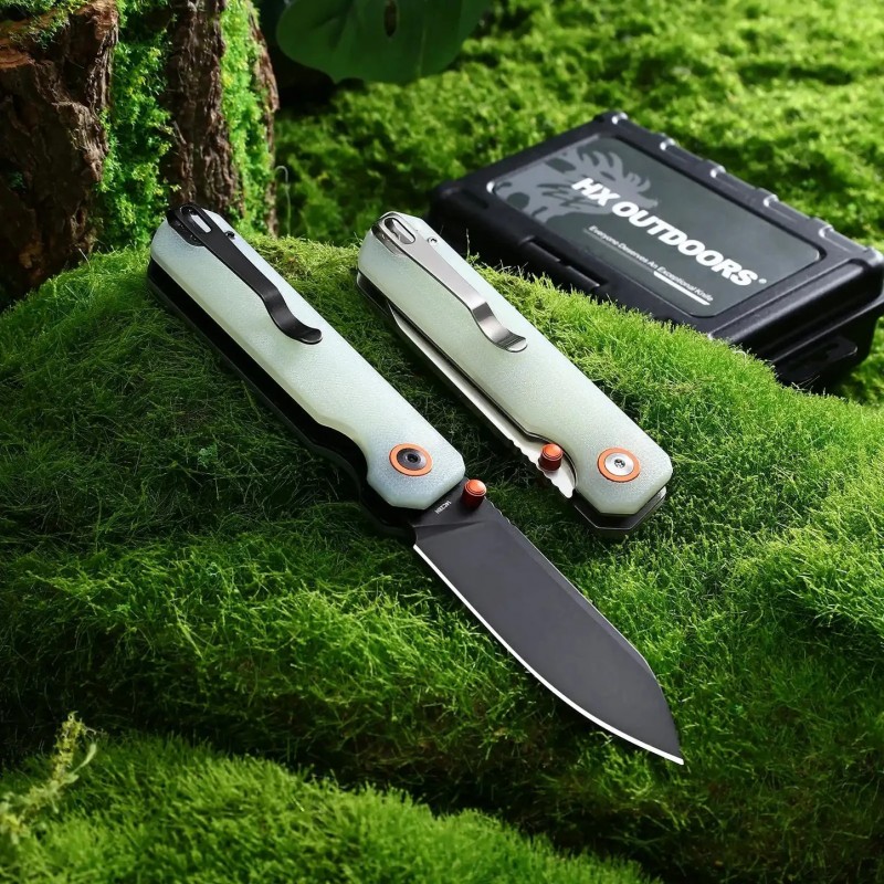 HX Outdoors Hyla Button Lock Pocket Knife - 2.91" 14C28N Black Blade Natural Green Handle