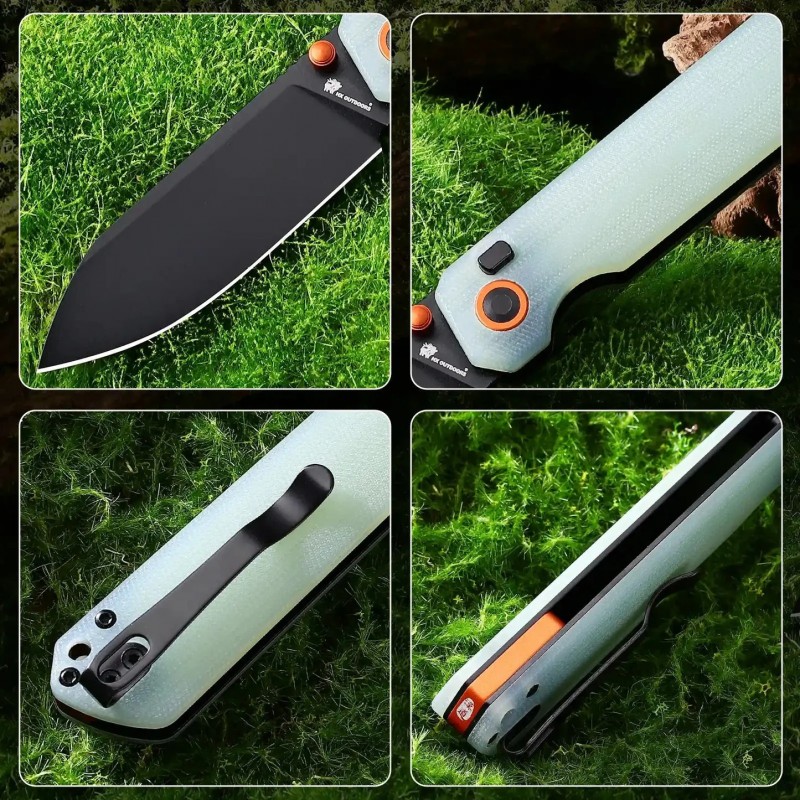 HX Outdoors Hyla Button Lock Pocket Knife - 2.91" 14C28N Black Blade Natural Green Handle