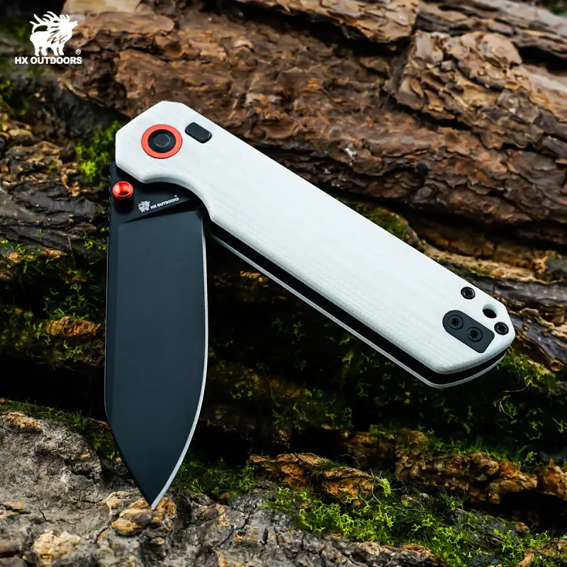 HX Outdoors Hyla Button Lock Pocket Knife - 2.91" 14C28N Black Blade White G10 Handle Cyclaire Knives and Tools