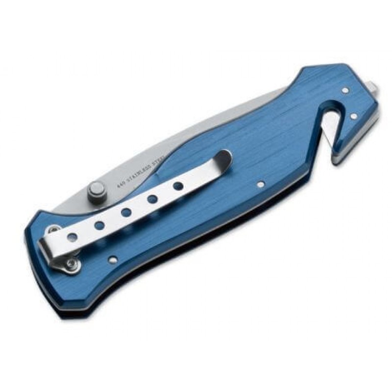 Boker Magnum Law Enforcement - 3.34" Blade, Glass Breaker, Belt Cutter, Carry Clip and Blue Aluminum Handle
