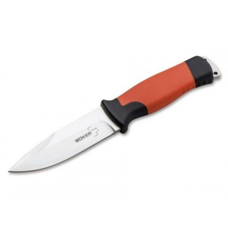 Boker Plus Outdoorsman XL Fixed Blade Knife - 4.44" Steel Blade Orange Rubber Handle