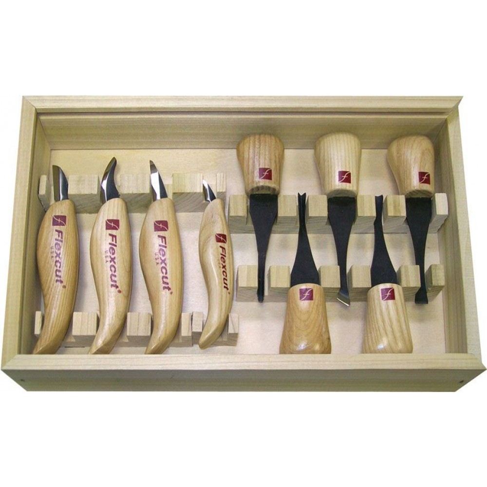 Flexcut KN700 - 9-Piece Deluxe Palm and Knife Set, 9 Different Style Blades, Ash Wood Handles, Storage Box Wood Carving Chisels and Gouge Tools