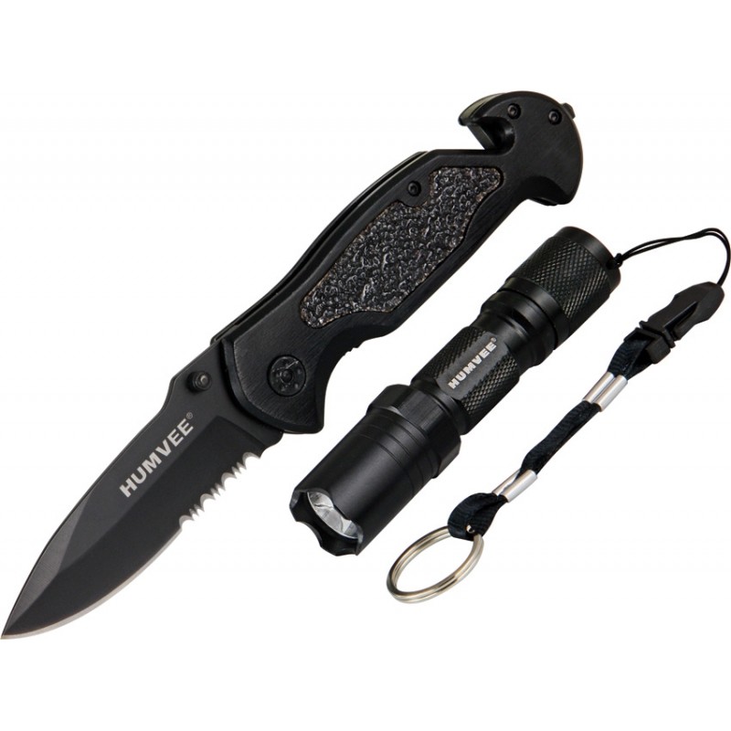 Humvee Emergency Rescue Knife and LED Torch Pack - 3.25" Semi Serrated Blade, Seat Belt Cutter, Glass Breaker