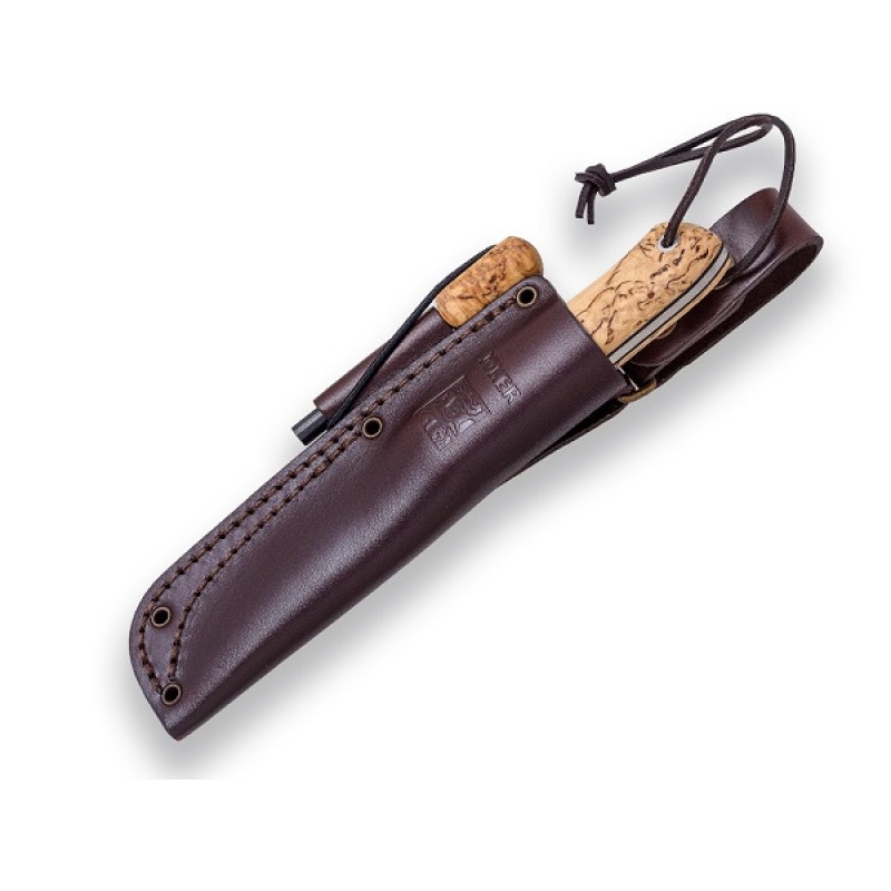 Joker CL115-P Bushcraft Survival Knife - 3.9" Nordico Blade Curly Birch Handle Leather Sheath and Firesteel