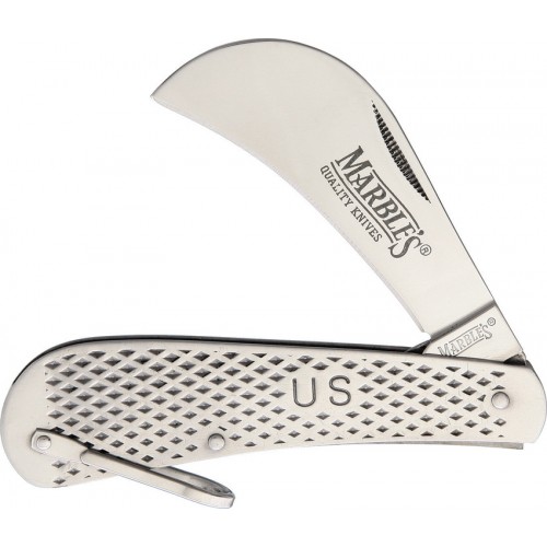 Marbles Hawkbill Stainless Knife - 2.75" Mirror Finish Stainless Hawkbill Blade, Textured Stainless Handle, Bail