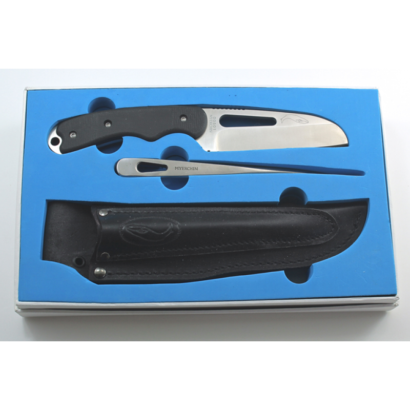 Myerchin B100P G2 Pro Offshore System Rigging Knife - 3.8" Part Serrated Blade, Black G10 Handle, Leather Sheath