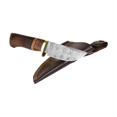 Njord Branda Damascus Hunter Knife - 4.72" Damascus Steel Blade, Red Wood Handle, Brown Leather Sheath