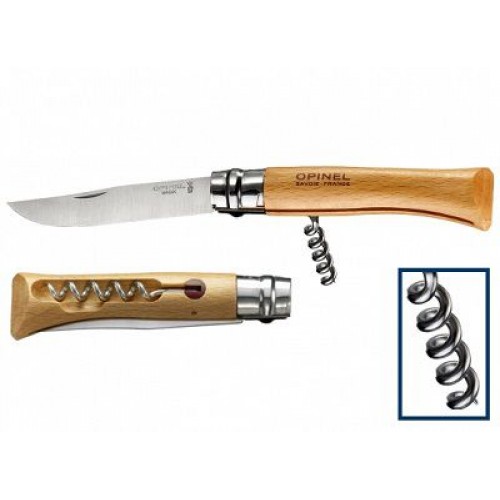 Opinel No.10 Beechwood Corkscrew Knife - 3.93" Stainless Steel Blade
