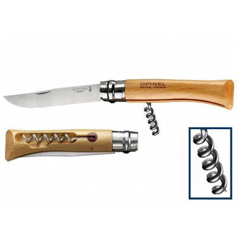 Opinel No.10 Beechwood Corkscrew Knife - 3.93" Stainless Steel Blade